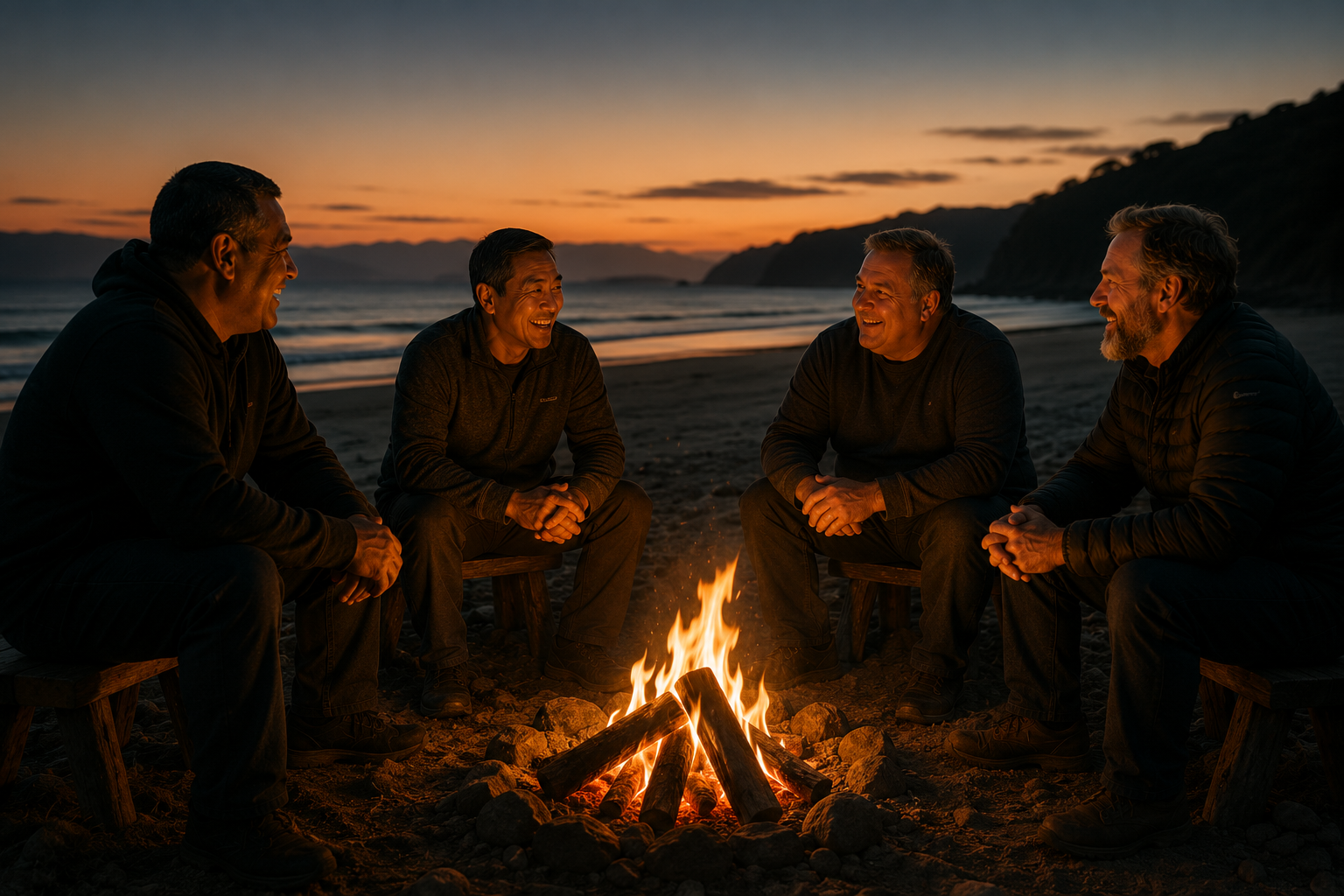 Four men around a beach campfire